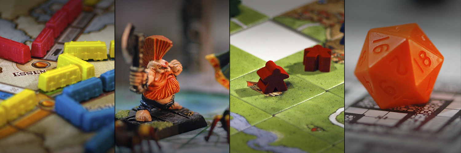 A montage of different games: Ticket to Ride, Warhammer Quest, Carcassonne, An old school D20