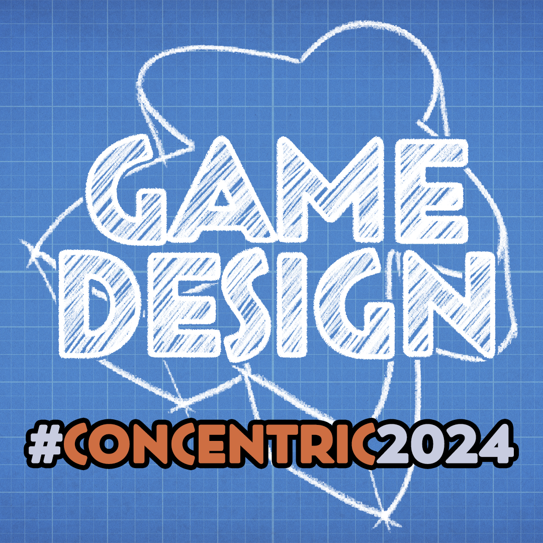 A blueprint of a certain eurogame-piece with the words Game Design #ConCentric2024